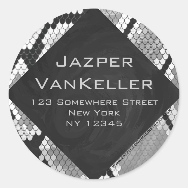 Pegatina Redonda Monogramado gris, blanco y negro piel de serpiente (Anverso)