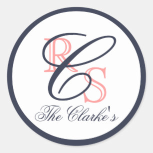 Pegatina Redonda Monogramado Nombre Casado, Peach, Azul Naval