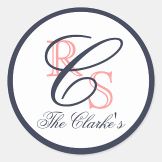 Pegatina Redonda Monogramado Nombre Casado, Peach, Azul Naval