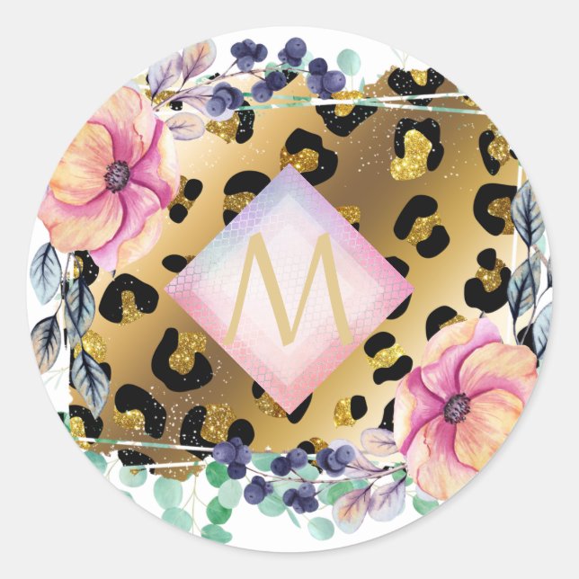 Pegatina Redonda Monogramado rosa rosado de bonito Girly Leopard Pr (Anverso)
