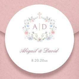 Pegatina Redonda Monogramas de boda religiosos con marco floral