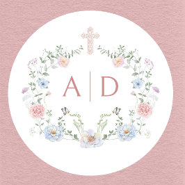 Pegatina Redonda Monogramas de Boda Religiosos con Marco Floral Ele