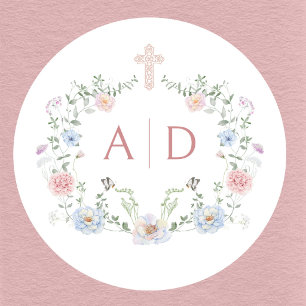 Pegatina Redonda Monogramas de Boda Religiosos con Marco Floral Ele