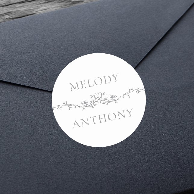 Pegatina Redonda Monogramas de Borde Floral Gris Elegante (Subido por el creador)