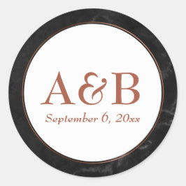 Pegatina Redonda Monogramas de cobre y fecha sobre mármol negro