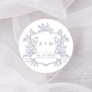 Pegatina Redonda Monogramas de cresta floral de lavanda clásica