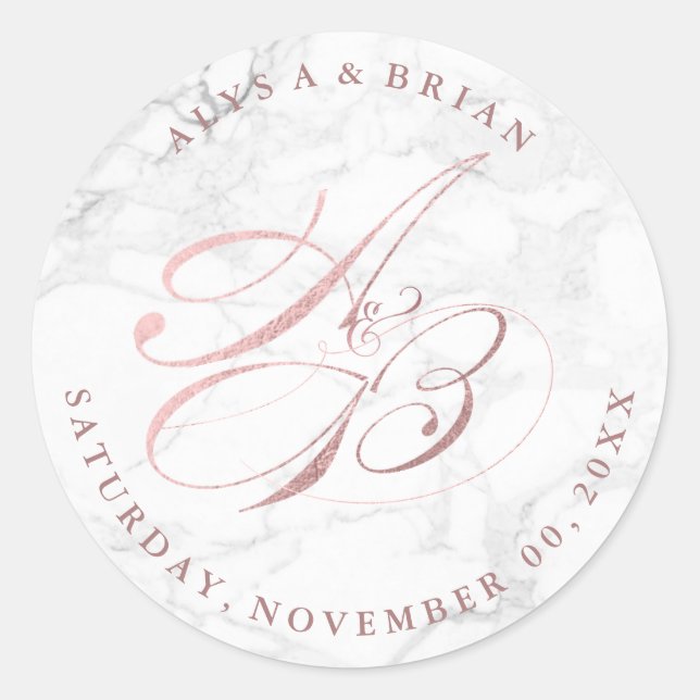 Pegatina Redonda Monogramas de DIY PixDezine/oro Rosa de Mármol/Fau (Anverso)