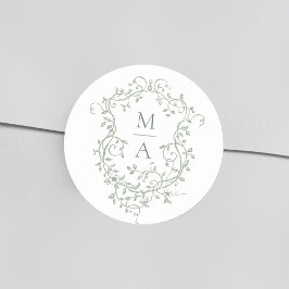 Pegatina Redonda Monogramas de Escudo floral elegante verde sabio