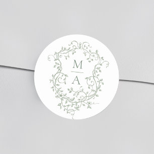 Pegatina Redonda Monogramas de Escudo floral elegante verde sabio