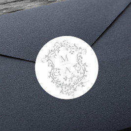 Pegatina Redonda Monogramas de Escudo floral Gris Elegante