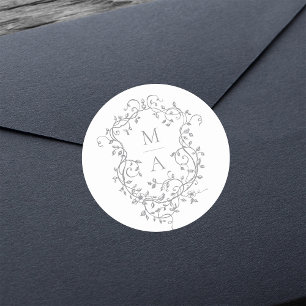 Pegatina Redonda Monogramas de Escudo floral Gris Elegante
