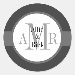 Pegatina Redonda Monogramas de Gris Carbón Gris Carbón Nombres Boda