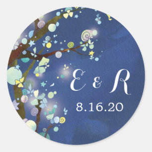 Pegatina Redonda Monogramas del Boda azul del bosque nocturno