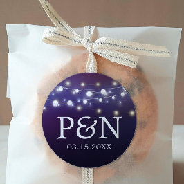 Pegatina Redonda Monogramas del Boda de la noche con luz de cadena