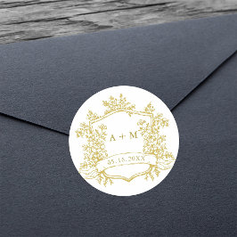 Pegatina Redonda Monogramas del Escudo floral de oro clásico