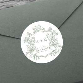 Pegatina Redonda Monogramas del Escudo Floral Verde Masaje Clásico