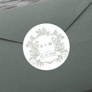 Pegatina Redonda Monogramas del Escudo Floral Verde Masaje Clásico