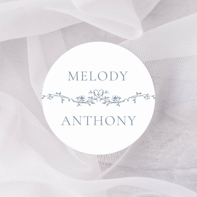 Pegatina Redonda Monogramas elegantes de borde floral azul (Subido por el creador)