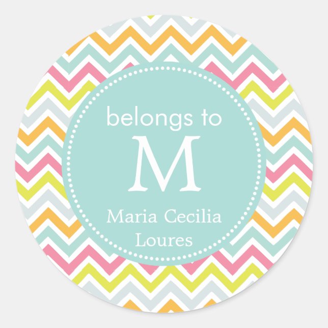 Pegatina Redonda Monogramed Girly Chevron Rainbow Modern (Anverso)