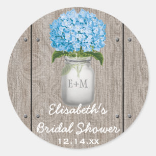 Pegatina Redonda Monogrammed Mason Jar Blue Hydrangea Bridal Shower
