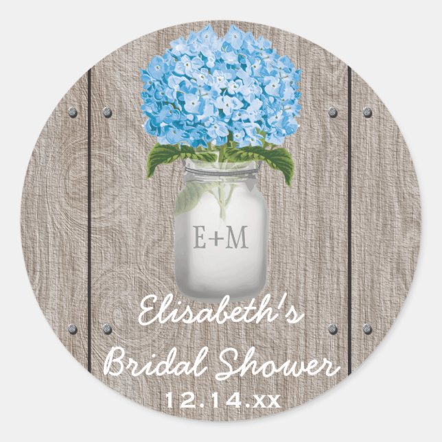 Pegatina Redonda Monogrammed Mason Jar Blue Hydrangea Bridal Shower (Anverso)