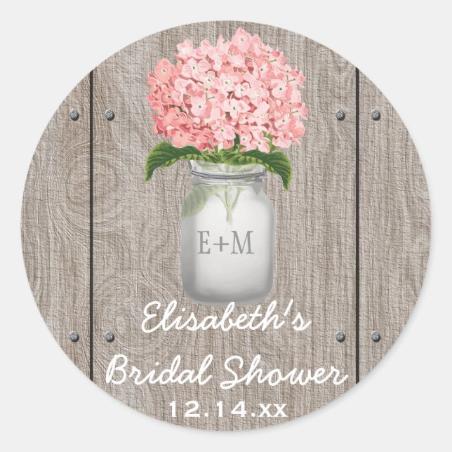 Pegatina Redonda Monogrammed Mason Jar Pink Hydrangea Bridal Shower (Anverso)