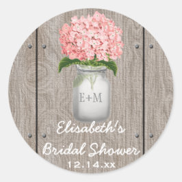 Pegatina Redonda Monogrammed Mason Jar Pink Hydrangea Bridal Shower
