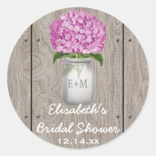 Pegatina Redonda Monogrammed Mason Jar Plum Hydrangea Bridal Shower