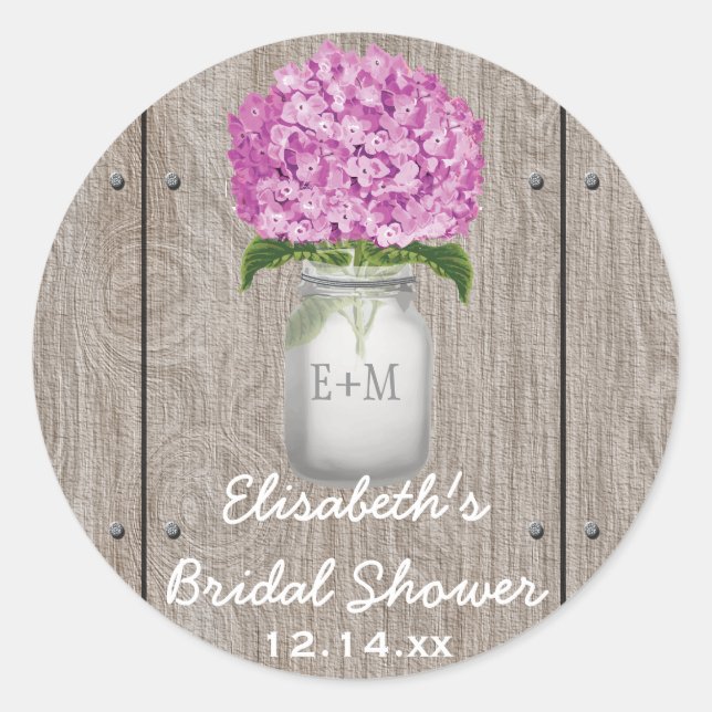 Pegatina Redonda Monogrammed Mason Jar Plum Hydrangea Bridal Shower (Anverso)