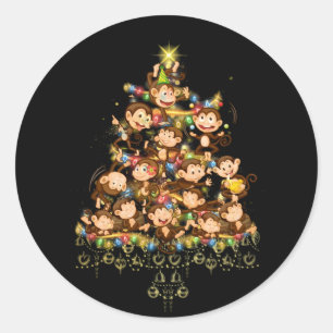 Pegatina Redonda Monos Árbol de Navidad Encender Mono de vacaciones
