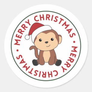 Pegatina Redonda Monos Navidades Nieve Animales de Invierno Clase d