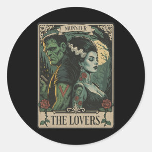 Pegatina Redonda Monster Amantes Tarot Card Gótico Frankenstein Hal