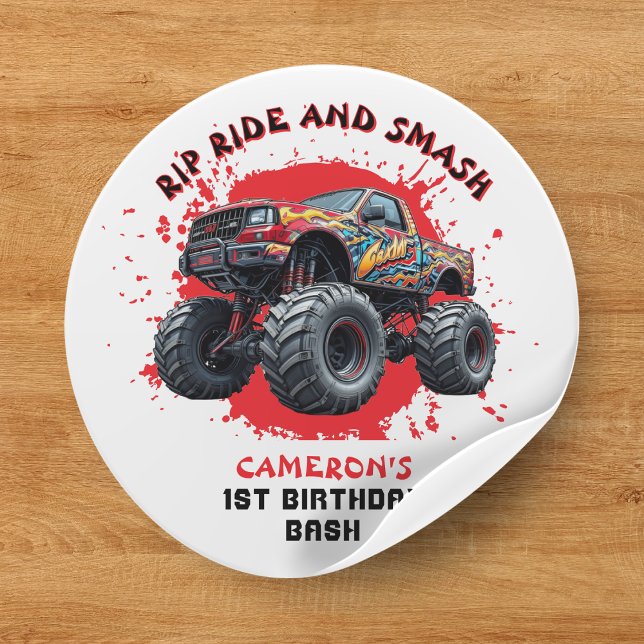 Pegatina Redonda Monster Camión Smash Bandera de Verificación Prime (Monster Truck Smash Checkered Flag 1st Birthday Classic Round Sticker
)