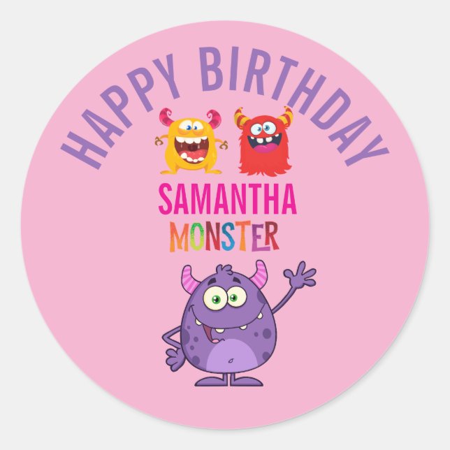Pegatina Redonda Monster kids Joy Pink Vilet Fun  (Anverso)