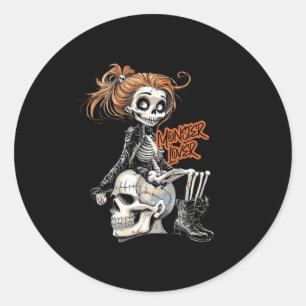 Pegatina Redonda Monster Lover Fun Skeleton Ghoul Cute Vintage Hall