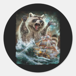 Pegatina Redonda Monster Raccoon Mientras Kraken Ataca Un Barco De 