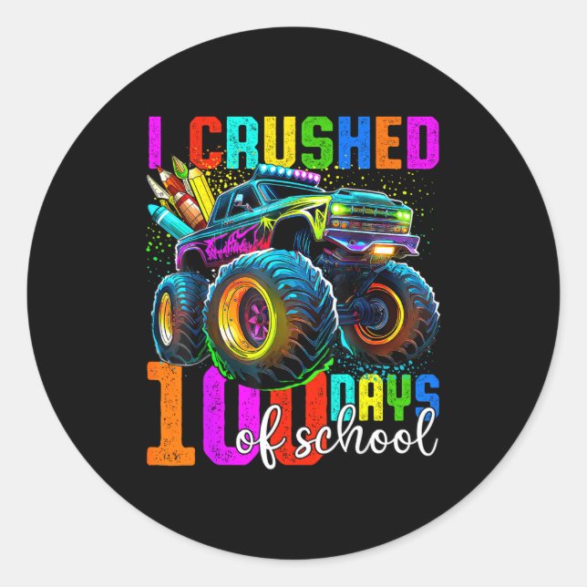 Pegatina Redonda Monster Truck 100th Day Of School Boys 100 Days Of (Anverso)