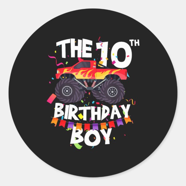 Pegatina Redonda Monster Truck 10th Birthday Boy Funny 10 Years Old (Anverso)