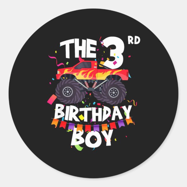 Pegatina Redonda Monster Truck 3rd Birthday Boy Funny 3 Years Old B (Anverso)