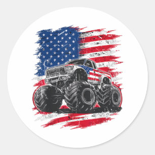 Pegatina Redonda Monster Truck Bandera de Estados Unidos