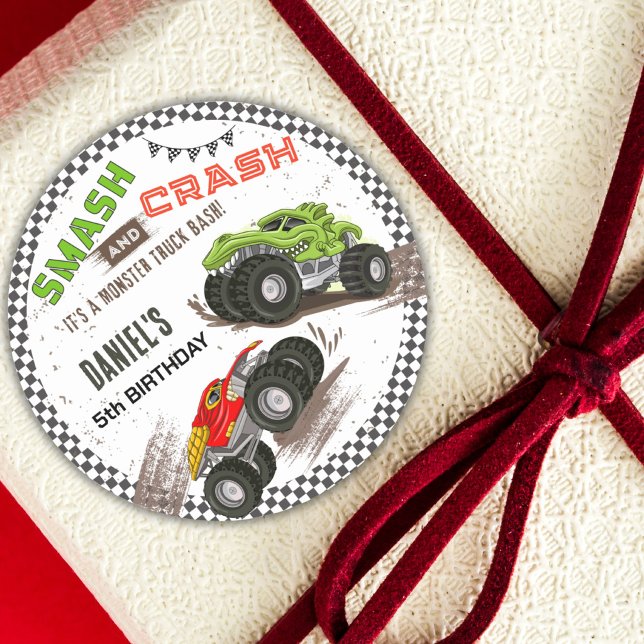 Pegatina Redonda Monster truck bash cool modern cute 5th birthday  (Subido por el creador)