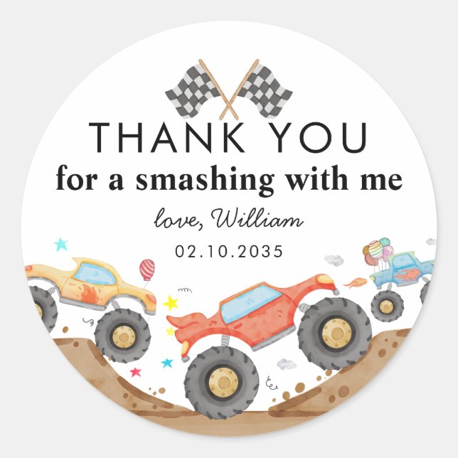 Pegatina Redonda Monster Truck Bash Race Kids Cumpleaños Gracias (Anverso)
