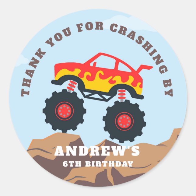 Pegatina Redonda Monster Truck Boy Birthday Party (Anverso)