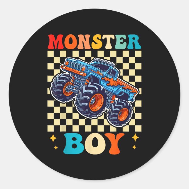 Pegatina Redonda Monster Truck Boy Family Matching Monster Trucks B (Anverso)