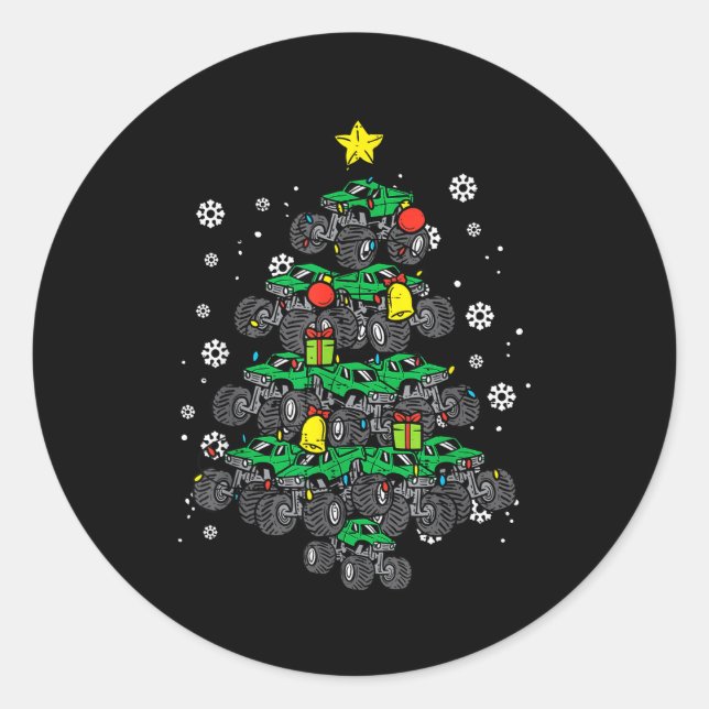 Pegatina Redonda Monster Truck Christmas Tree Xmas Boys Toddler Kid (Anverso)