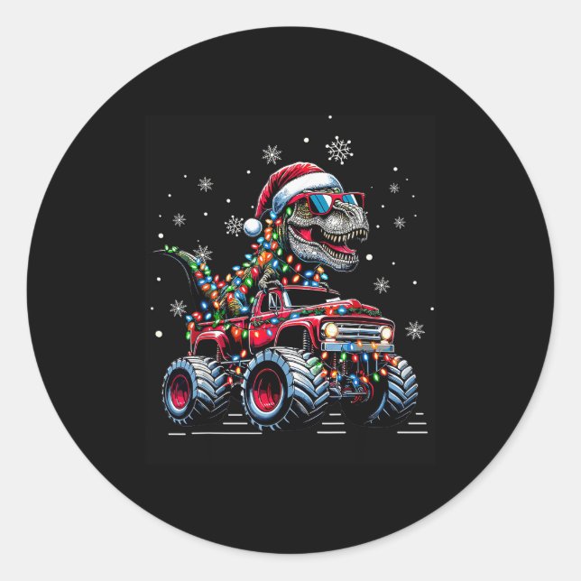 Pegatina Redonda Monster Truck Dinosaur Trex Christmas Boys Kids  (Anverso)