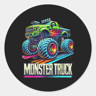 Pegatina Redonda Monster Truck Fiesta de Cumpleaños Monstruo Retro