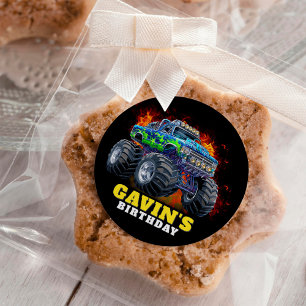 Pegatina Redonda Monster Truck fiesta de cumpleaños personalizada