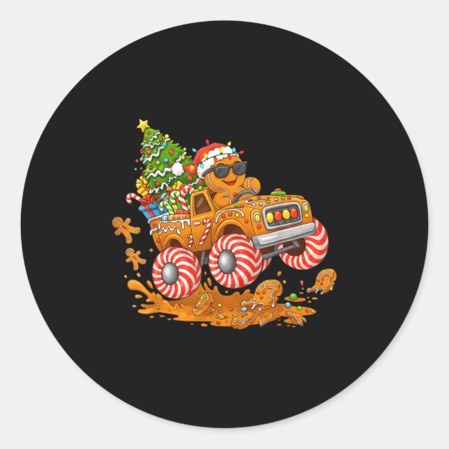 Pegatina Redonda Monster Truck Gingerbread Man Funny Christmas Baki (Anverso)