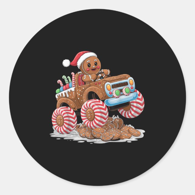 Pegatina Redonda Monster Truck Gingerbread Man Funny Christmas Baki (Anverso)